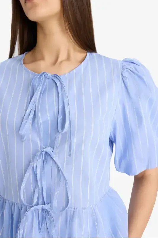Regular Fit Crew Neck Striped Tie Front Poplin Short Sleeve Blouse-Blue - 5