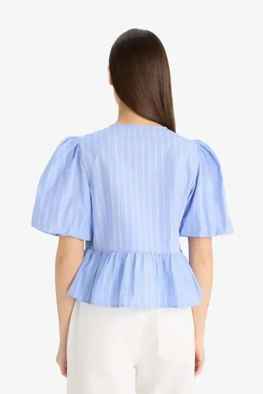 Regular Fit Crew Neck Striped Tie Front Poplin Short Sleeve Blouse-Blue - 6