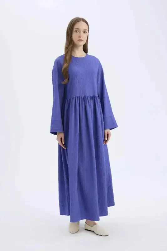 Regular Fit Crew Neck Textured Long Sleeve Maxi Dress-Sapphire - 6