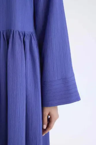 Regular Fit Crew Neck Textured Long Sleeve Maxi Dress-Sapphire - 7