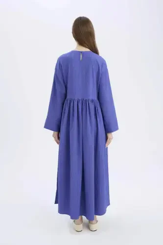 Regular Fit Crew Neck Textured Long Sleeve Maxi Dress-Sapphire - 8
