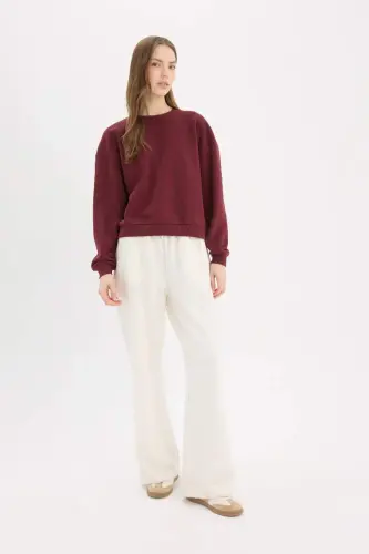 Regular Fit Crew Neck Thick Basic Plain Sweatshirt-Burgundy - DEFACTO (1)
