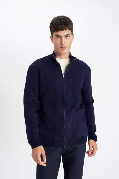 Regular Fit Crew Neck Zip-Up Knit Sweater in Navy - 1