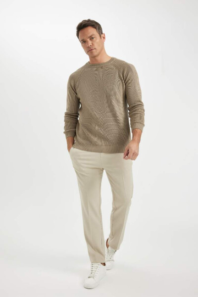 Regular Fit Crewneck Basic Plain Knit Sweater Beige - 2