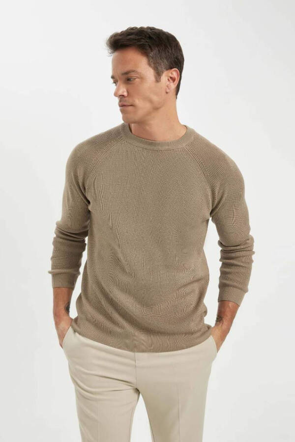 Regular Fit Crewneck Basic Plain Knit Sweater Beige - 3