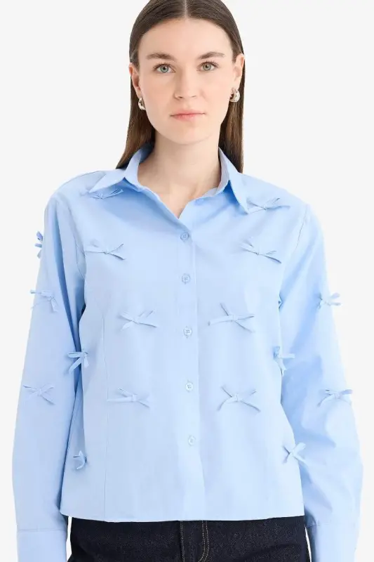 %100 Pamuk Regular Fıt Fiyonklu Poplin Gömlek Tunik-Mavi - 1
