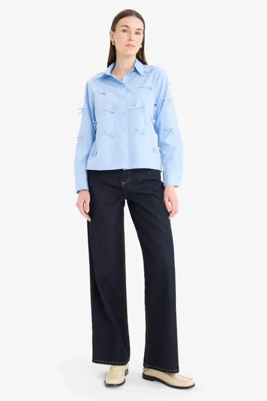 %100 Pamuk Regular Fıt Fiyonklu Poplin Gömlek Tunik-Mavi - 2