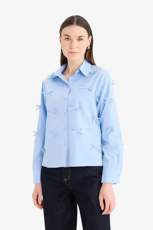 %100 Pamuk Regular Fıt Fiyonklu Poplin Gömlek Tunik-Mavi - 3