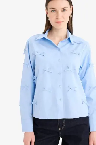 %100 Pamuk Regular Fıt Fiyonklu Poplin Gömlek Tunik-Mavi - 4
