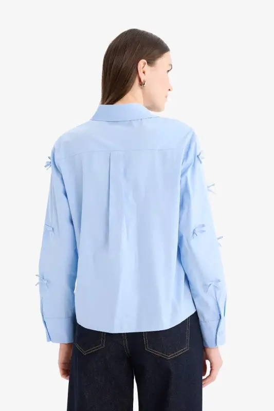 %100 Pamuk Regular Fıt Fiyonklu Poplin Gömlek Tunik-Mavi - 7
