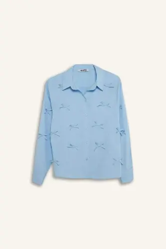 %100 Pamuk Regular Fıt Fiyonklu Poplin Gömlek Tunik-Mavi - 8