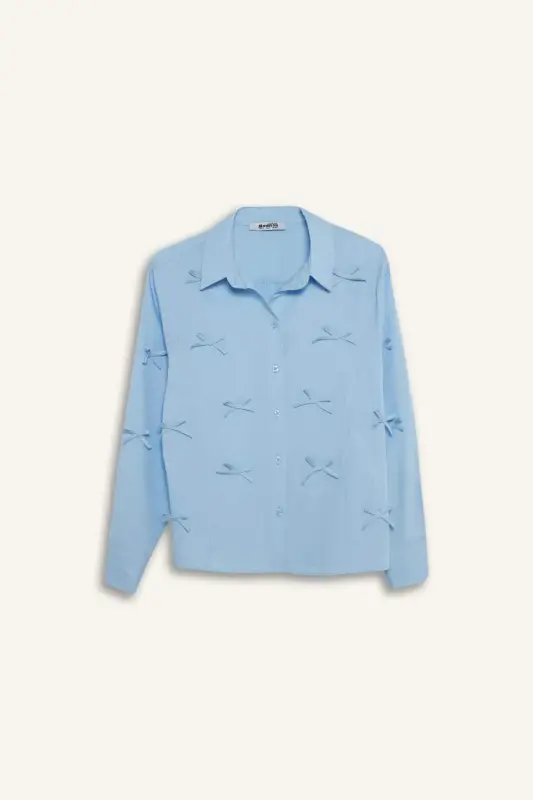 %100 Pamuk Regular Fıt Fiyonklu Poplin Gömlek Tunik-Mavi - 8
