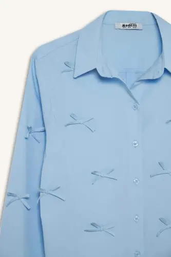 %100 Pamuk Regular Fıt Fiyonklu Poplin Gömlek Tunik-Mavi - 9