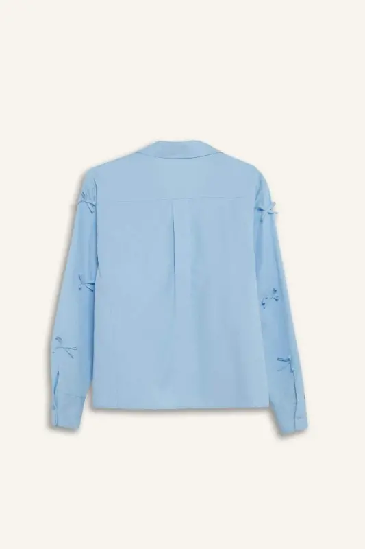 %100 Pamuk Regular Fıt Fiyonklu Poplin Gömlek Tunik-Mavi - 10