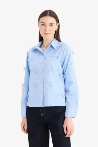 Regular Fit Desneli Poplin Uzun Kollu Gömlek Tunik-Mavi - 3