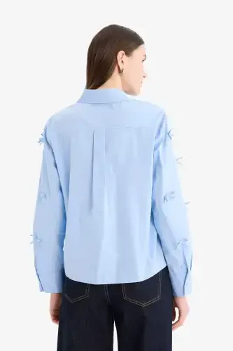 Regular Fit Desneli Poplin Uzun Kollu Ko'ylak Tunika-Moviy - 7