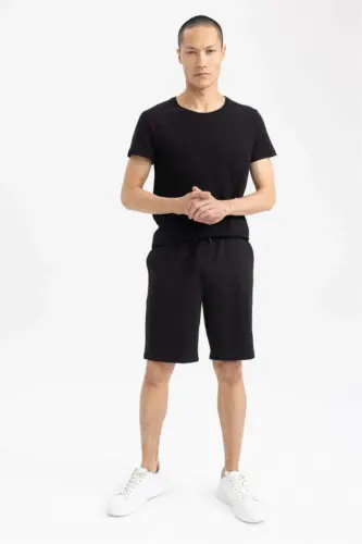 Regular Fit Drawstring Cotton Shorts Black - 3