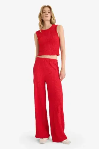 Regular Fit Elastic Waist Basic Plain Crinkle Trousers-Red - 1