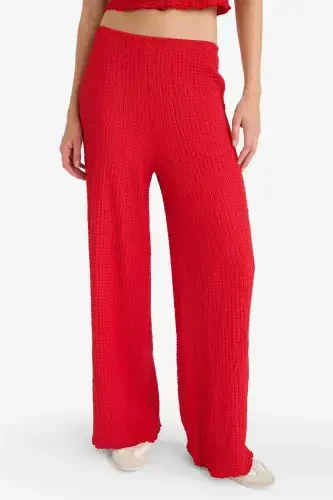 Regular Fit Elastic Waist Basic Plain Crinkle Trousers-Red - 4