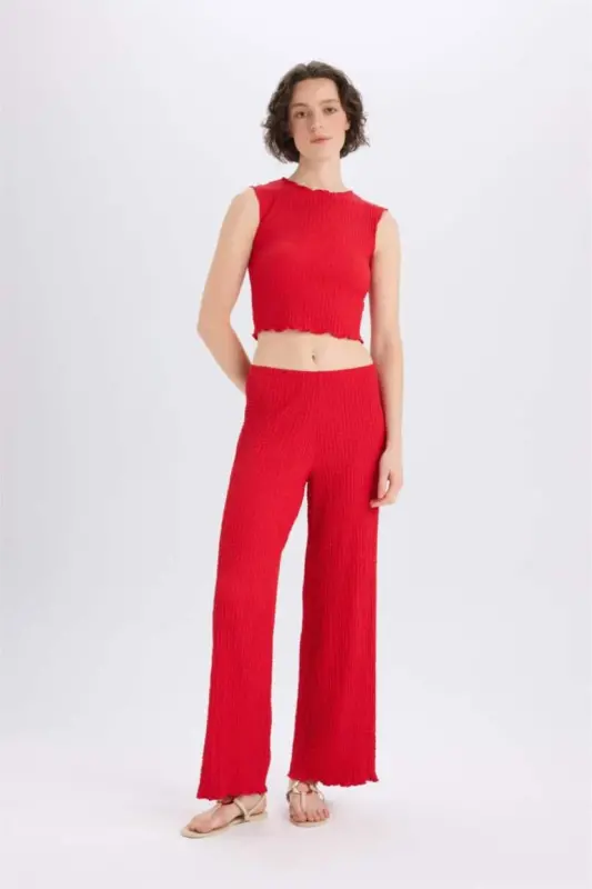 Regular Fit Elastic Waist Basic Plain Crinkle Trousers-Red - 1