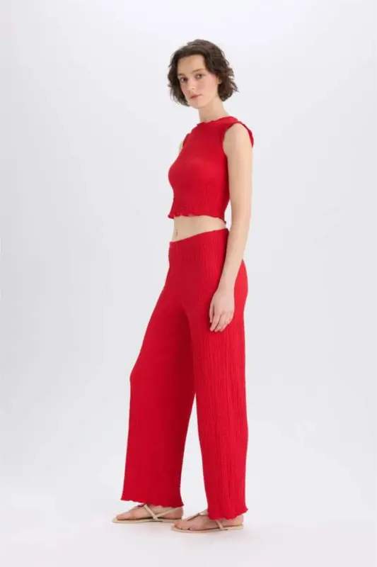 Regular Fit Elastic Waist Basic Plain Crinkle Trousers-Red - 3