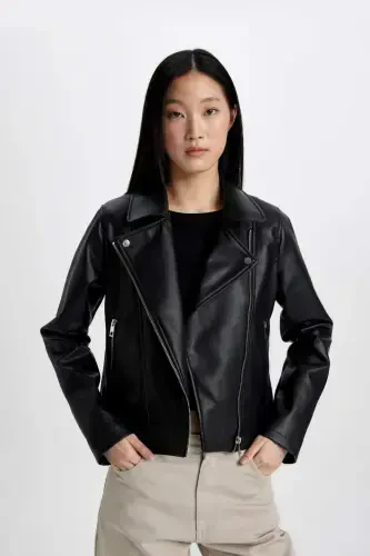 Regular Fit Faux Leather Jacket A0906ax23au-Black - 3