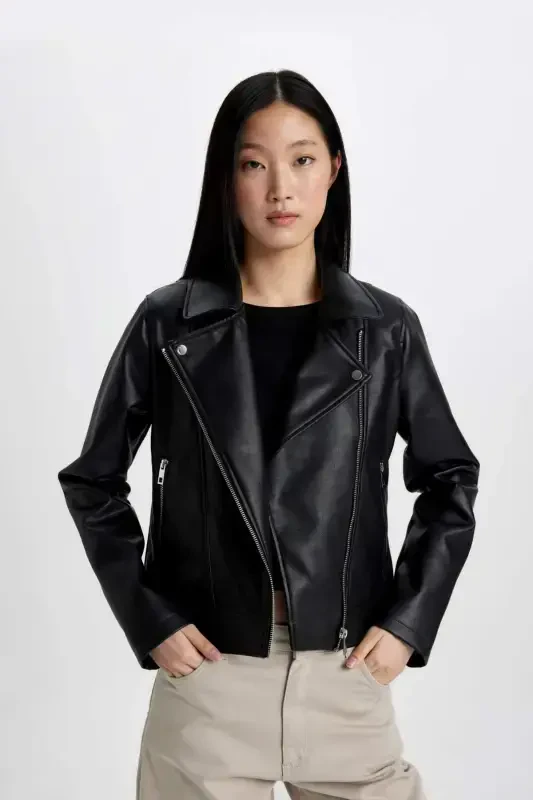 Regular Fit Faux Leather Jacket A0906ax23au-Black - 3
