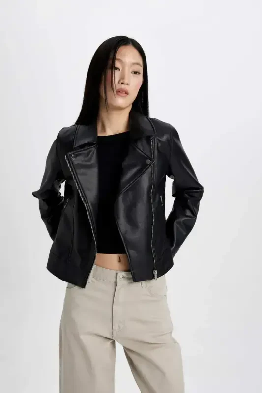 Regular Fit Faux Leather Jacket A0906ax23au-Black - 4