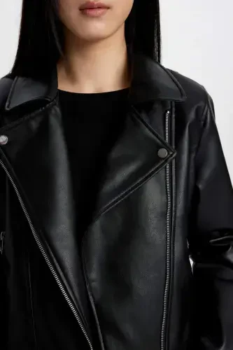 Regular Fit Faux Leather Jacket A0906ax23au-Black - 5