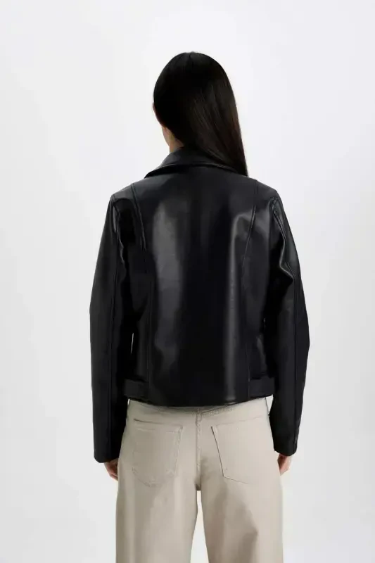 Regular Fit Faux Leather Jacket A0906ax23au-Black - 6