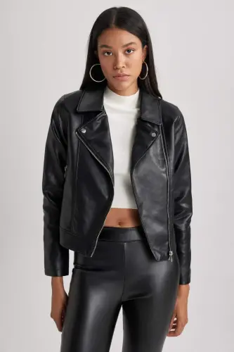 Regular Fit Faux Leather Jacket A0906ax23au-Black - 4