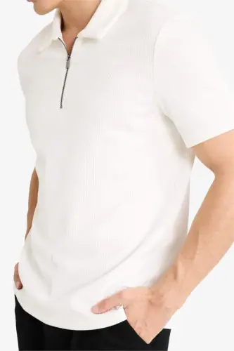 Kırışmaz Fermuarlı Polo Yaka Tişört-Kırık Beyaz - 5