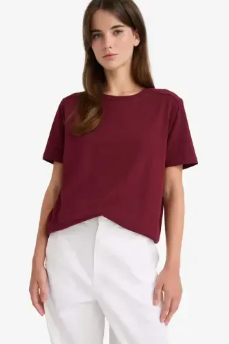 Regular Fit Футболка с круглым вырезом, базовая, однотонная, премиум-качества, с короткими рукавами - Бордовый - 3