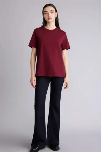 Regular Fit Футболка с круглым вырезом, базовая, однотонная, премиум-качества, с короткими рукавами - Бордовый - 2