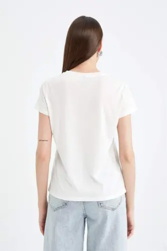 Regular Fit Футболка с круглым вырезом, базовая, однотонная, с короткими рукавами - Экрю - 6