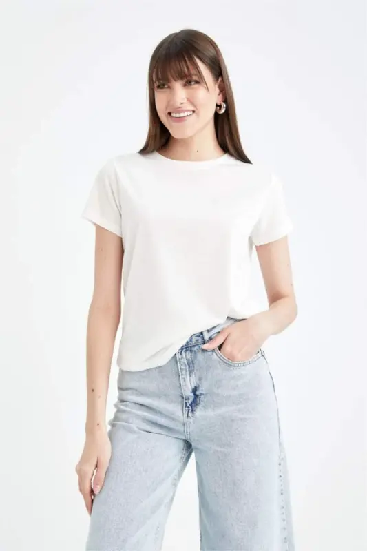 Regular Fit Футболка с круглым вырезом, базовая, однотонная, с короткими рукавами - Экрю - 1