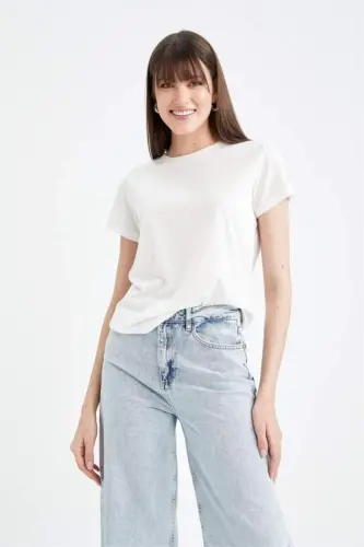 Regular Fit Футболка с круглым вырезом, базовая, однотонная, с короткими рукавами - Экрю - 3