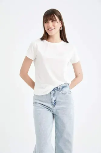 Regular Fit Футболка с круглым вырезом, базовая, однотонная, с короткими рукавами - Экрю - 4