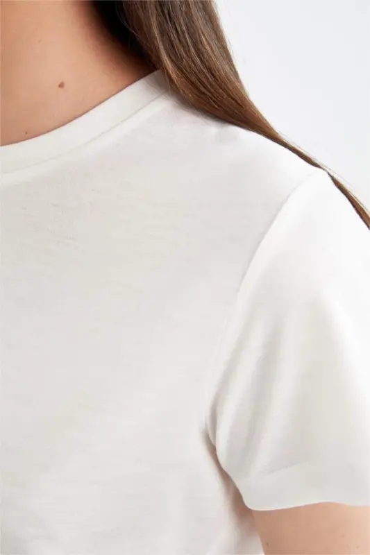 Regular Fit Футболка с круглым вырезом, базовая, однотонная, с короткими рукавами - Экрю - 5