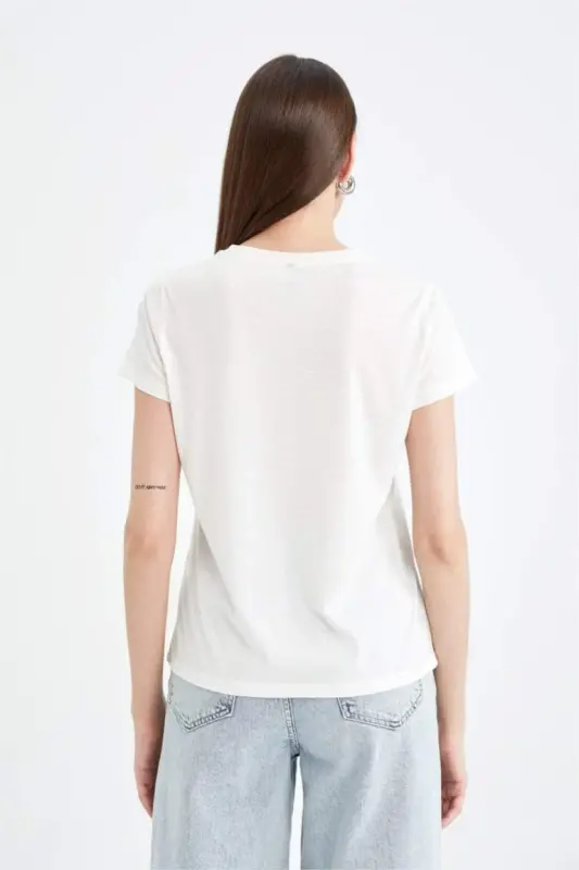 Regular Fit Футболка с круглым вырезом, базовая, однотонная, с короткими рукавами - Экрю - 6
