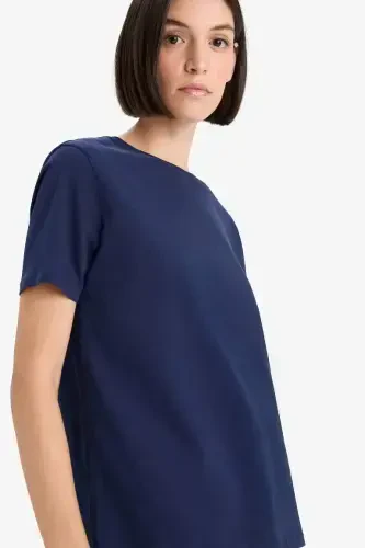 Regular Fit Футболка с круглым вырезом, однотонная, из джерси, с короткими рукавами - темно-синяя 