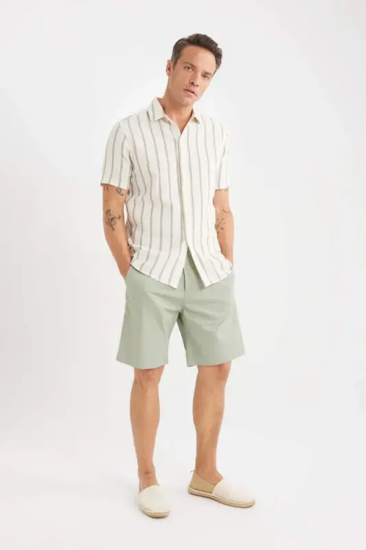 Regular Fit Gabardin Bermuda Şort-Yeşil - 4