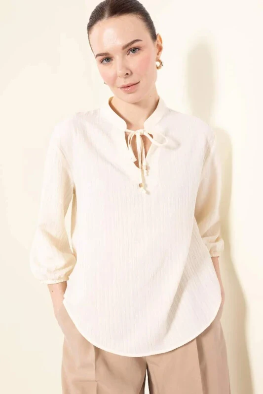 Regular Fit Grandad Collar Long Sleeve Shirt-Ecru - DEFACTO