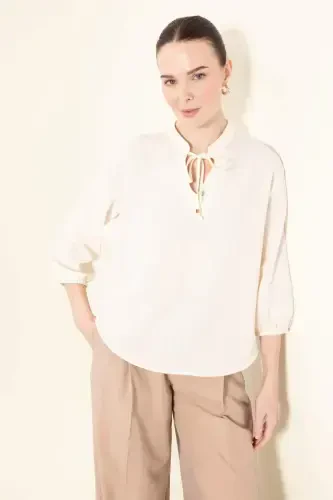 Regular Fit Grandad Collar Long Sleeve Shirt-Ecru - 3