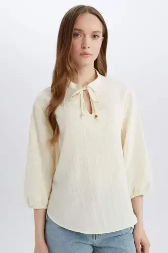 Regular Fit Grandad Collar Long Sleeve Shirt-Ecru - 5