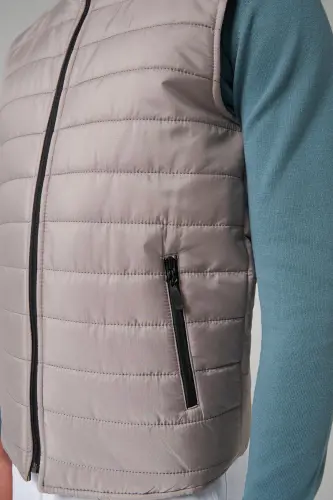 Regular Fit Gray Stand-Up Collar Fiber Filled Seasonal Zippered Padded Vest Jacket-Gray - 4