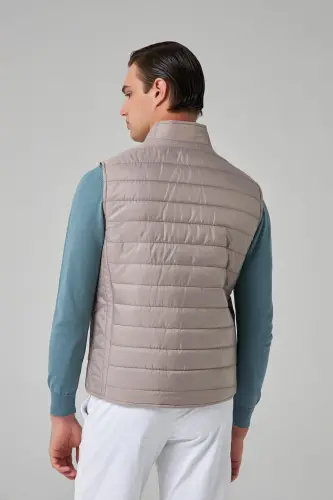 Regular Fit Gray Stand-Up Collar Fiber Filled Seasonal Zippered Padded Vest Jacket-Gray - 5