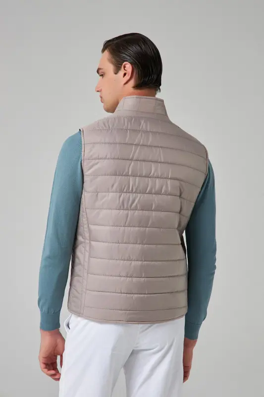 Regular Fit Gray Stand-Up Collar Fiber Filled Seasonal Zippered Padded Vest Jacket-Gray - 5