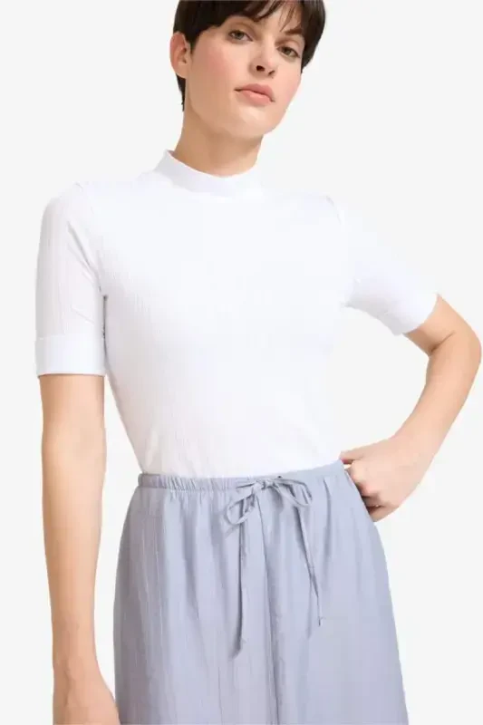 Regular Fit Half Fisherman Collar Ribbed Knit Short Sleeve T-Shirt Ecru - 3