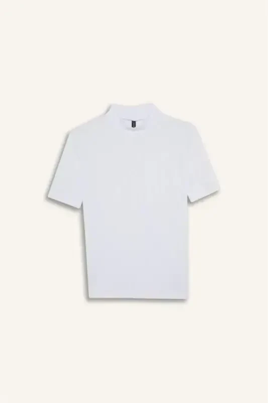 Regular Fit Half Fisherman Collar Ribbed Knit Short Sleeve T-Shirt Ecru - 7